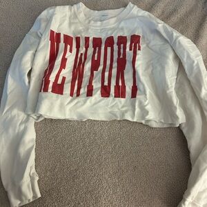 White Long Sleeve Crop Top with Red Newport Print